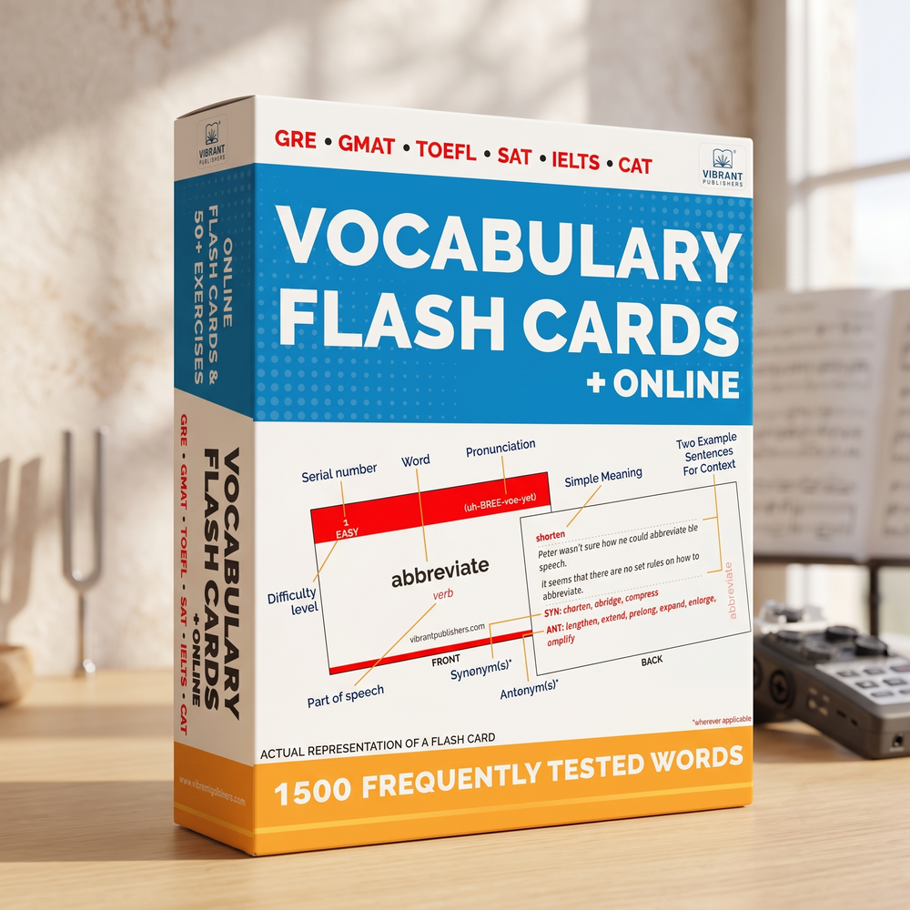 A boxed set of Vocabulary Flash Cards + Online study material standing on a wooden surface, with a blurred desk scene in the background.