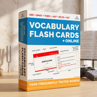 A boxed set of Vocabulary Flash Cards + Online study material standing on a wooden surface, with a blurred desk scene in the background.