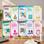 A set of 10 business and management books arranged in a 2x5 grid on a desk. The books feature colorful covers with titles such as Business Strategy, Cost Accounting & Management Essentials, Digital Marketing, Financial Accounting Essentials, Financial Management Essentials, Human Resource Management, Operations and Supply Chain Management, Principles of Management Essentials, and Project Management Essentials.