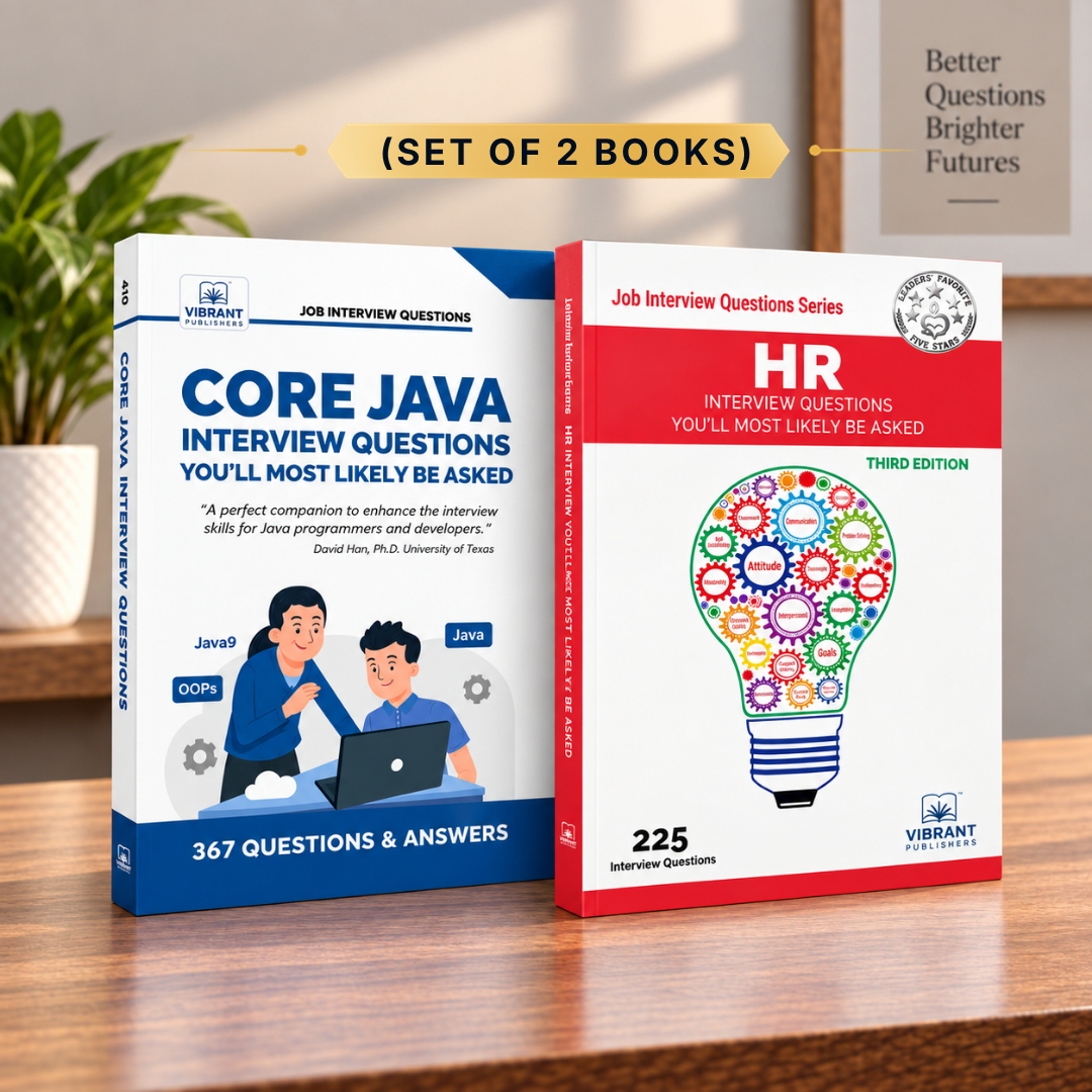 Two books titled 'Core Java Interview Questions' and 'HR Interview Questions' from Vibrant Publications, shown standing upright on a wooden surface with a blurred indoor background. 