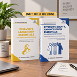 Two paperback books from the Vibrant Learning Management Series displayed on a wooden desk. The books are 'Inclusive Leadership Essentials' .