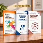 Three paperback books from the Self Learning Management Series displayed on a wooden table. The books are: 'Decision Making Essentials' by Mark Koscinski (orange cover), 'Business Ethics Essentials' .