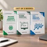 Three books in a set displayed on a wooden desk: 'Machine Learning Essentials' by Diarchy Parikh, 'Python Essentials' by Shawn Peters, and 'Data Analytics Essentials' by Bianca Szasz. 
