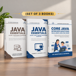 Three Java books standing upright on a wooden surface, with a laptop edge visible at right and a plant at left. 