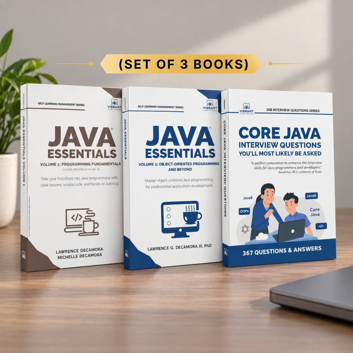 Three Java books standing upright on a wooden surface, with a laptop edge visible at right and a plant at left. 