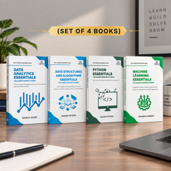 Four book covers displayed on a wooden desk in a styled indoor setting, with a pen, notebook, laptop edge, plant, and wall sign visible. The books are labeled 'Data Analytics Essentials,' 'Data Structures and Algorithms Essentials,' 'Python Essentials,' and 'Machine Learning Essentials,'