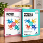 Two books standing upright on a wooden surface: "Business Strategy" by Callie Daum with a pink cover and "Leadership Essentials" by Dr. Carrie A.