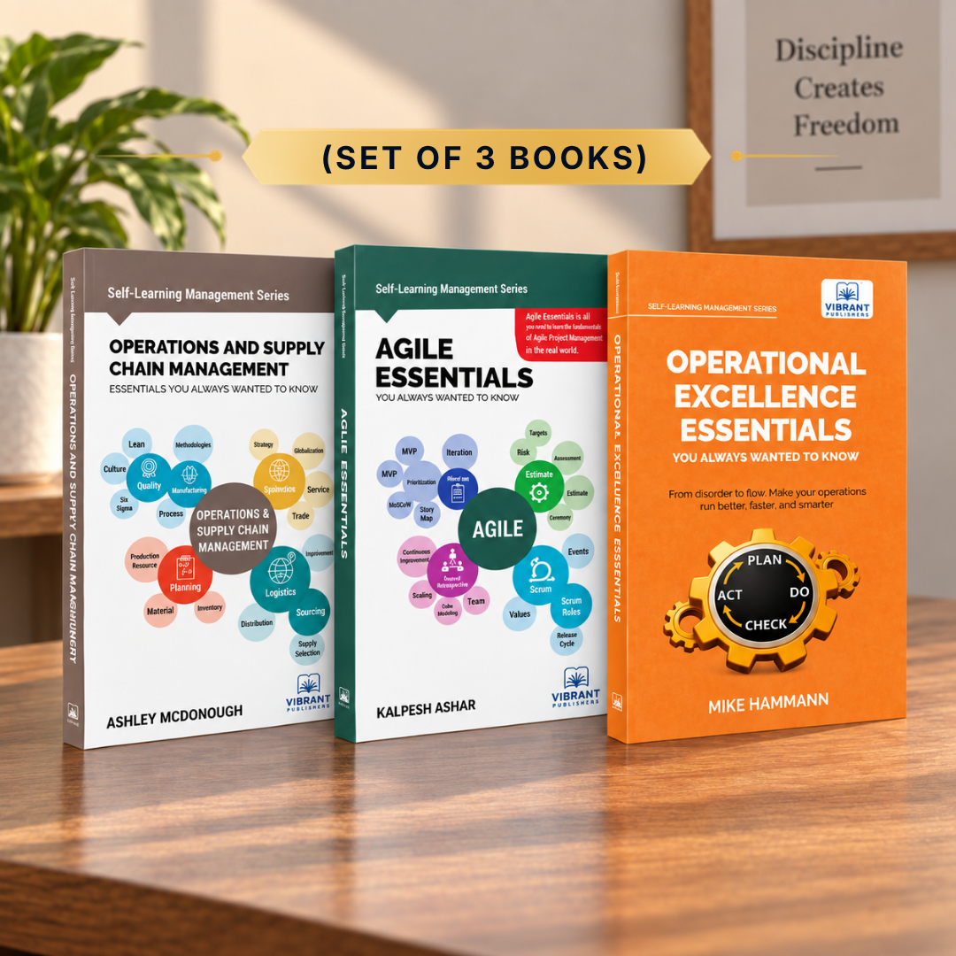 Three business books displayed on a wooden surface: 'Operations and Supply Chain Management', 'Agile Essentials', and 'Operational Excellence Essentials'.
