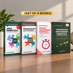 Four paperback books from the Self Learning Management Series arranged in a row on a wooden table, with a decorative plant and globe in the background. The books are titled 'Agile Essentials', 'Operations and Supply Chain Management Essentials', 'Project Management Essentials', and 'Continuous Improvement Essentials'.
