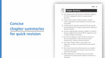 A digital preview page for a study guide or textbook chapter summary titled 'Chapter Summary' with bullet points about the Define phase in DMABC, Voice of the Customer (VOC), CTQs, swimlane diagrams, and risk identification. Large blue text on the left reads 'Concise chapter summaries for quick revision.