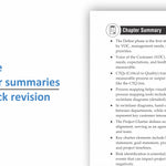A digital preview page for a study guide or textbook chapter summary titled 'Chapter Summary' with bullet points about the Define phase in DMABC, Voice of the Customer (VOC), CTQs, swimlane diagrams, and risk identification. Large blue text on the left reads 'Concise chapter summaries for quick revision.