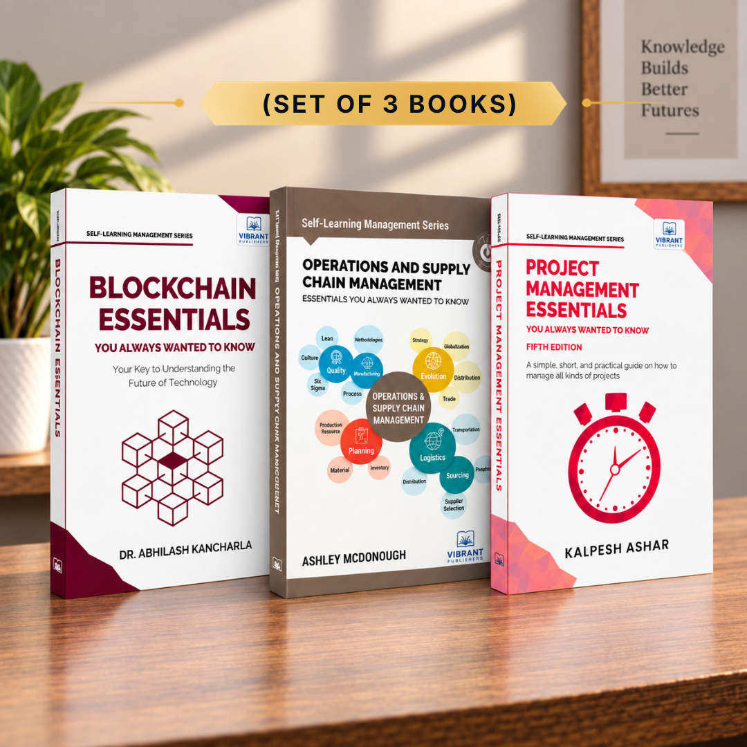 Three self-learning management books displayed together on a wooden surface: 'Blockchain Essentials' by Dr. Abhilash Kanchula, 'Operations and Supply Chain Management' by Ashley McDonough, and 'Project Management Essentials' by Kalpesh Ashar.