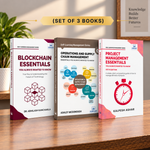 Three self-learning management books displayed together on a wooden surface: 'Blockchain Essentials' by Dr. Abhilash Kanchula, 'Operations and Supply Chain Management' by Ashley McDonough, and 'Project Management Essentials' by Kalpesh Ashar.