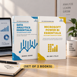 Two books standing upright on a desk: 'Data Analytics Essentials' by Bianca Szasz and 'Microsoft Power BI Essentials' by Dr. Sini V.