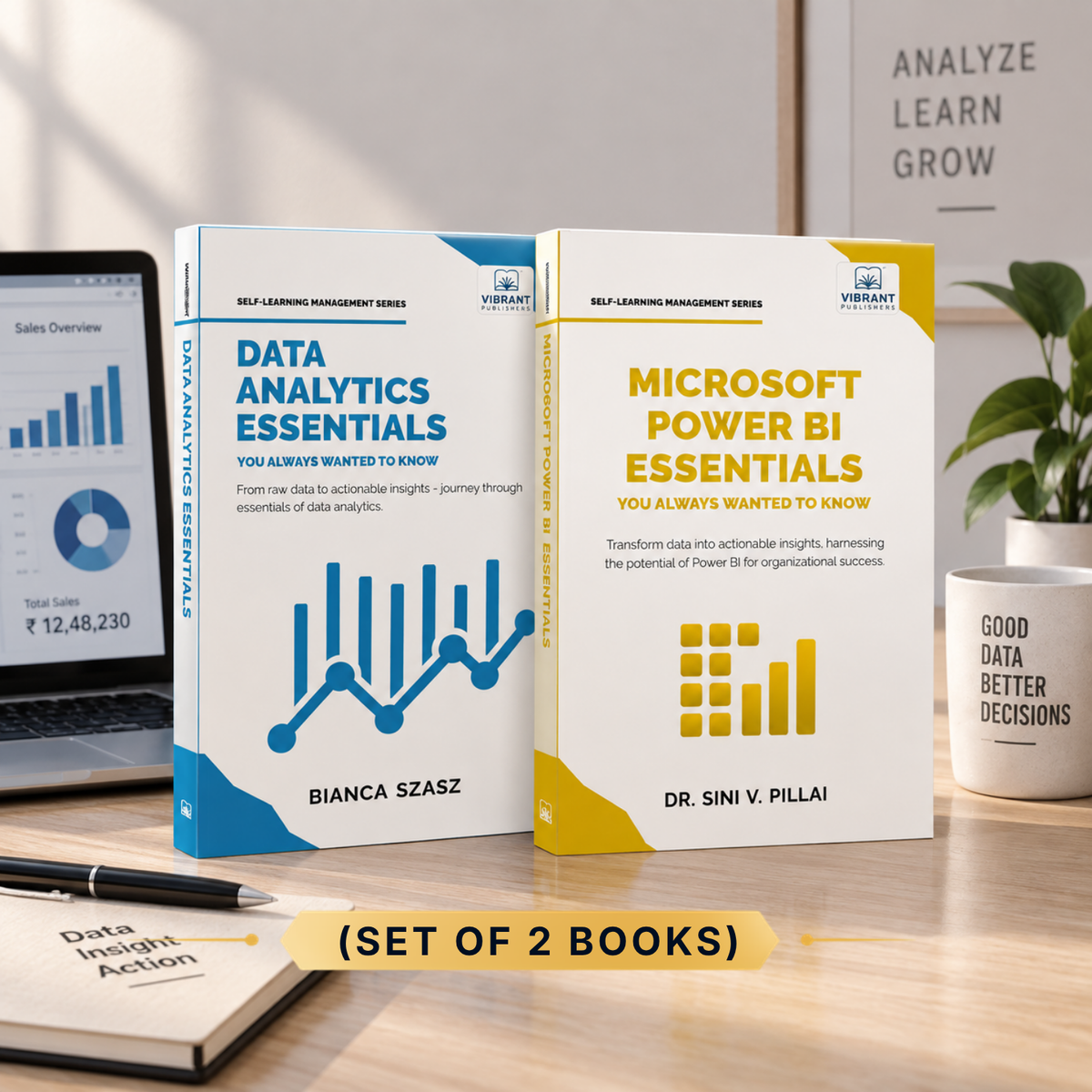Two books standing upright on a desk: 'Data Analytics Essentials' by Bianca Szasz and 'Microsoft Power BI Essentials' by Dr. Sini V.