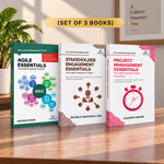 Three books from the Self Learning Management Series displayed on a wooden table: Agile Essentials, Stakeholder Engagement Essentials, and Project Management Essentials, with a yellow banner above reading '(SET OF 3 BOOKS)'.