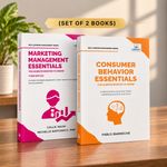 Two paperback books standing upright on a wooden surface: 'Marketing Management Essentials' by Callie Daum and Michelle Bartonico, PMP, and 'Consumer Behavior Essentials' by Pablo Ibarreche.