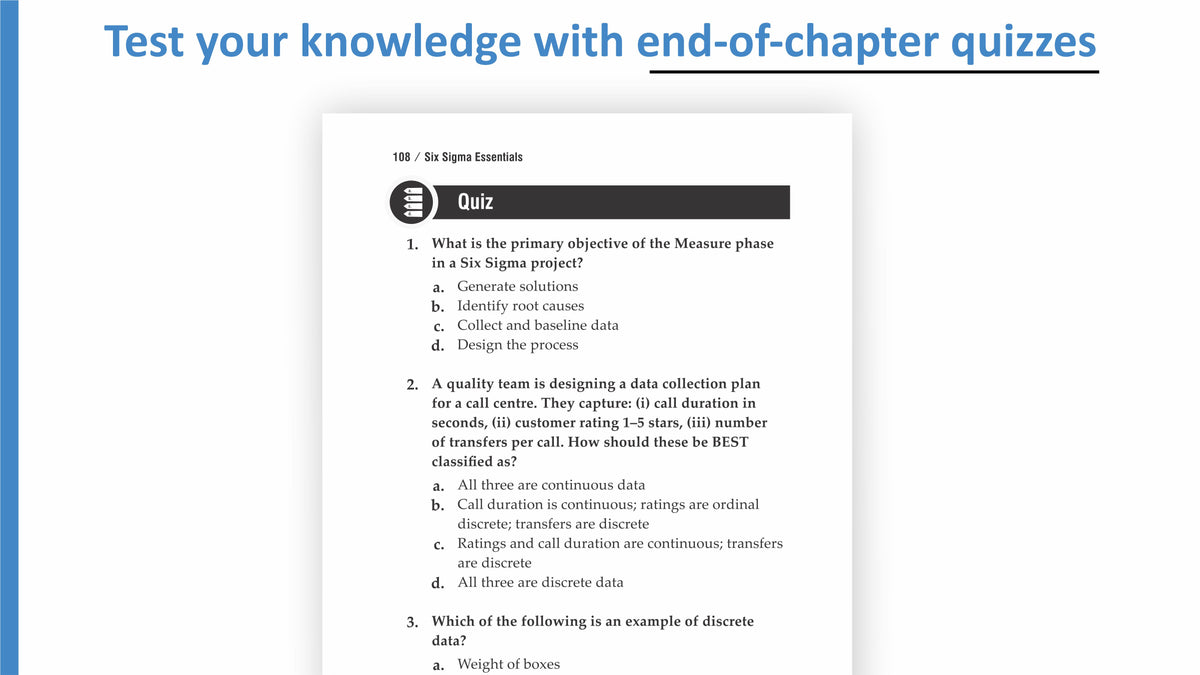 A digital preview of a quiz page from a study guide titled 'Test your knowledge with end-of-chapter quizzes'. The page shows two multiple-choice questions about Six Sigma project management and data classification, with the first question marked as completed with a checkmark icon.