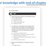 A digital preview of a quiz page from a study guide titled 'Test your knowledge with end-of-chapter quizzes'. The page shows two multiple-choice questions about Six Sigma project management and data classification, with the first question marked as completed with a checkmark icon.