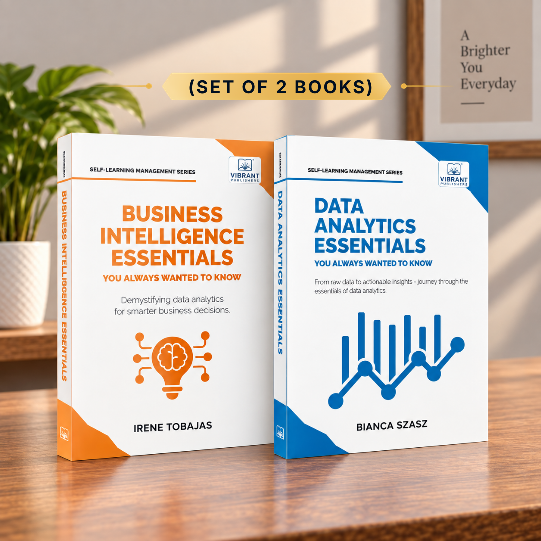 Two paperback books standing upright on a wooden surface: 'Business Intelligence Essentials' by Irene Tobajas with an orange and white cover, and 'Data Analytics Essentials' by Bianca Szasz with a blue and white cover. 