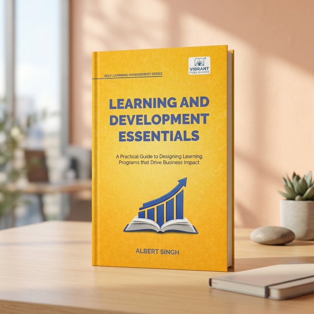 A yellow hardcover book titled "Learning and Development Essentials" by Albert Singh.