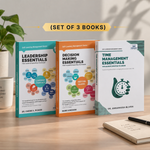 Three softcover books from the Self Learning Management Series are displayed on a wooden desk. The books are titled 'Leadership Essentials', 'Decision Making Essentials', and 'Time Management Essentials'.