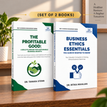 Two business books standing on a wooden surface: 'The Profitable Good' by Dr. Tamara Stenn with a green and white cover, and 'Business Ethics Essentials' by Dr Ritika mahajan.