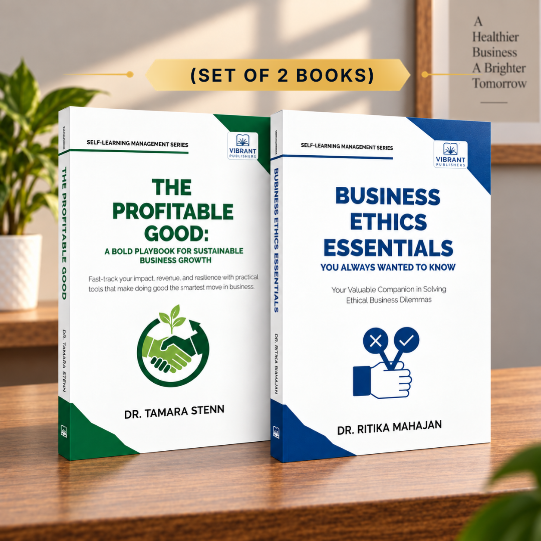 Two business books standing on a wooden surface: 'The Profitable Good' by Dr. Tamara Stenn with a green and white cover, and 'Business Ethics Essentials' by Dr Ritika mahajan.