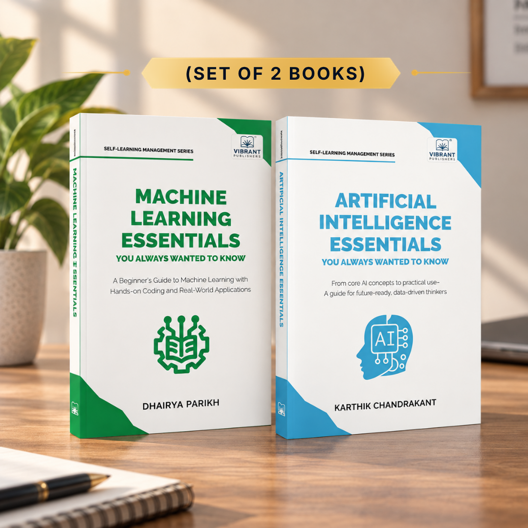 Two books standing upright on a wooden surface: 'Machine Learning Essentials' by Dhairya Parikh and 'Artificial Intelligence Essentials' by Karthik Chandrakant. 