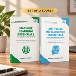 Two books standing upright on a wooden surface: 'Machine Learning Essentials' by Dhairya Parikh and 'Artificial Intelligence Essentials' by Karthik Chandrakant. 
