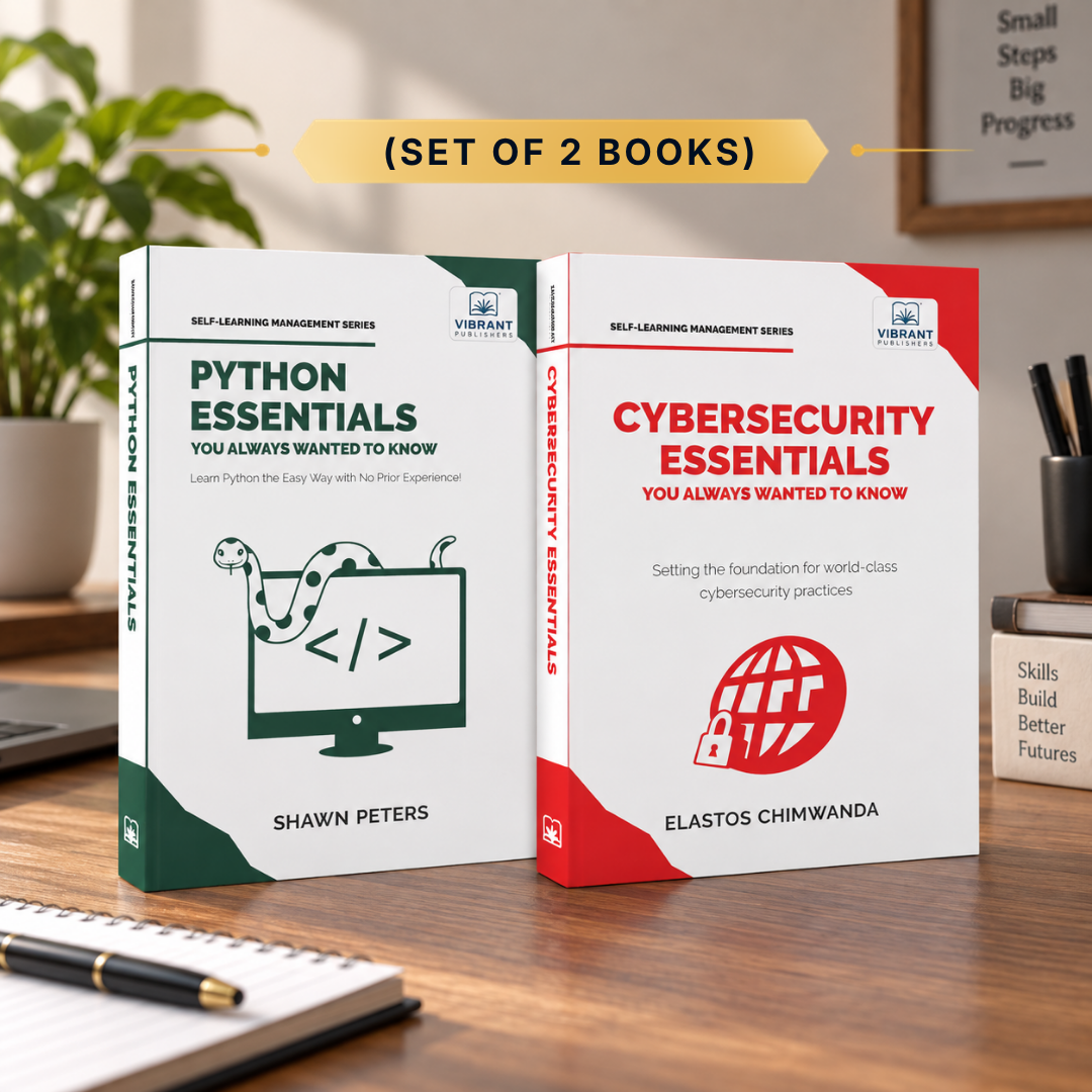 Two paperback books standing on a wooden desk: 'Python Essentials' by Shawn Peters with a green and white cover, and 'Cybersecurity Essentials' by Elastos Chimwanda with a red and white cover. 