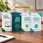 Four books on computer science and AI learning essentials displayed on a wooden table: 'Python Essentials', 'Graph Machine Learning Essentials', 'Machine Learning Essentials', and 'Artificial Intelligence Essentials'.