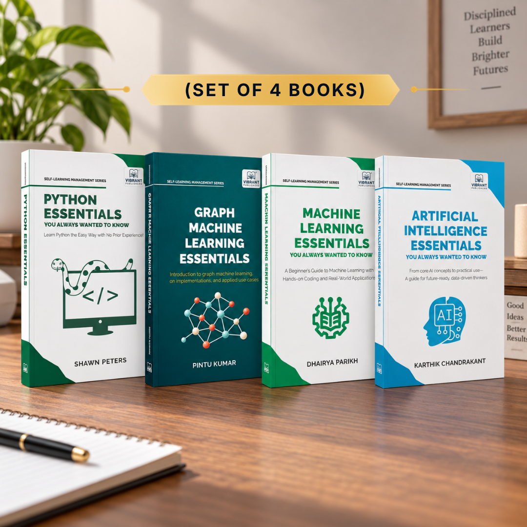 Four books on computer science and AI learning essentials displayed on a wooden table: 'Python Essentials', 'Graph Machine Learning Essentials', 'Machine Learning Essentials', and 'Artificial Intelligence Essentials'.
