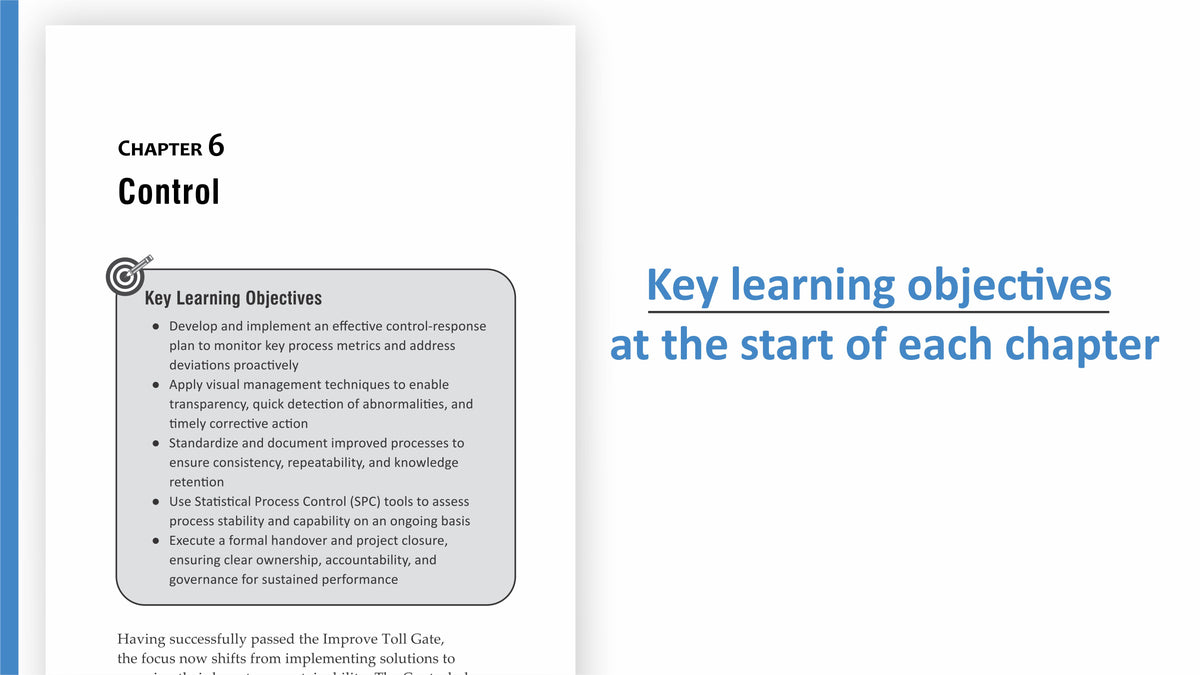 A digital preview of a book or booklet page showing Chapter 6 Control with a gray box labeled Key Learning Objectives, alongside blue text reading 'Key learning objectives at the start of each chapter' on a white background.