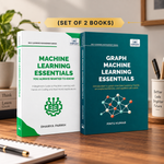 Two books standing upright on a wooden desk: 'Machine Learning Essentials' by Dhairya Parikh in white and green, and 'Graph Machine Learning Essentials' by Pintu Kumar in teal and green. 