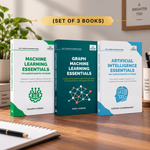 Three paperback books standing upright on a wooden desk: 'Machine Learning Essentials' in white with green, 'Graph Machine Learning Essentials' in teal with blue and red graphics, and 'Artificial Intelligence Essentials' in white with blue. 