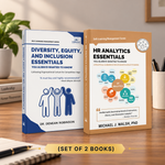 Two books standing upright on a desk: 'Diversity, Equity, and Inclusion Essentials' by Dr. Daneen Robinson and 'HR Analytics Essentials' by Michael J.