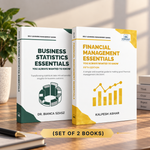 Two paperback books standing upright on a wooden desk: 'Business Statistics Essentials' by Dr. Bianca Szasz and 'Financial Management Essentials' by Kalpesh Ashar.
