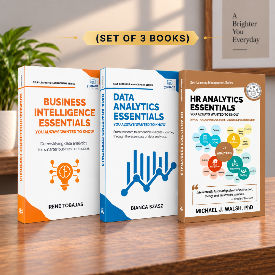 Three hardcover books from the Self Learning Management Series are displayed on a wooden table: 'Business Intelligence Essentials' by Irene Tobajas, 'Data Analytics Essentials' by Bianca Szasz, and 'HR Analytics Essentials' by Michael J. Walsh, PhD.