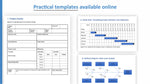 A digital preview page showing three business document templates: a Project charter template, a Gantt chart template, and a Fishbone diagram template. The page header reads 'Practical templates available online' in blue text on a white background.