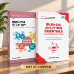 Two hardcover books standing upright on a wooden surface: 'Business Strategy' by Callie Daum with a pink and white cover, and 'Business Analytics Essentials' by Riyanka Jain with a white and red cover. A yellow banner at the bottom reads '(SET OF 2 BOOKS)'.