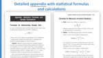 A book or document page showing an appendix with statistical formulas and sample calculations, with a large blue heading reading 'Detailed appendix with statistical formulas and calculations' above it.