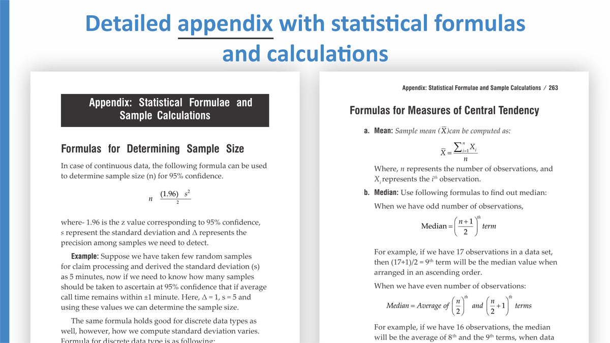 A book or document page showing an appendix with statistical formulas and sample calculations, with a large blue heading reading 'Detailed appendix with statistical formulas and calculations' above it.
