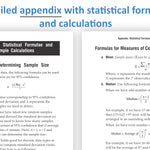 A book or document page showing an appendix with statistical formulas and sample calculations, with a large blue heading reading 'Detailed appendix with statistical formulas and calculations' above it.