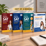 Four SAT prep books displayed on a wooden desk with a notebook and pen in front, plus a banner reading '(SET OF 4 BOOKS)'. The books are branded Test Prep Series and cover Digital SAT Math Practice Questions, Reading and Writing Practice Tests, Practice Tests, and the Supreme Guide.