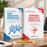 Two books standing upright on a wooden surface: 'Data Analytics Essentials' by Bianca Szasz with a blue and white cover, and 'Business Analytics Essentials' by Riyanka Jain with a red and white cover. 