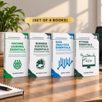 Four paperback books standing upright on a wooden desk in a real indoor setting, with a plant and notebook visible in the background. 