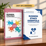 Two business books standing upright on a wooden surface: 'Business Strategy' by Callie Daim on the left with a pink cover, and 'Business Ethics Essentials' by Dr. Ritika Majahan on the right with a blue and white cover.