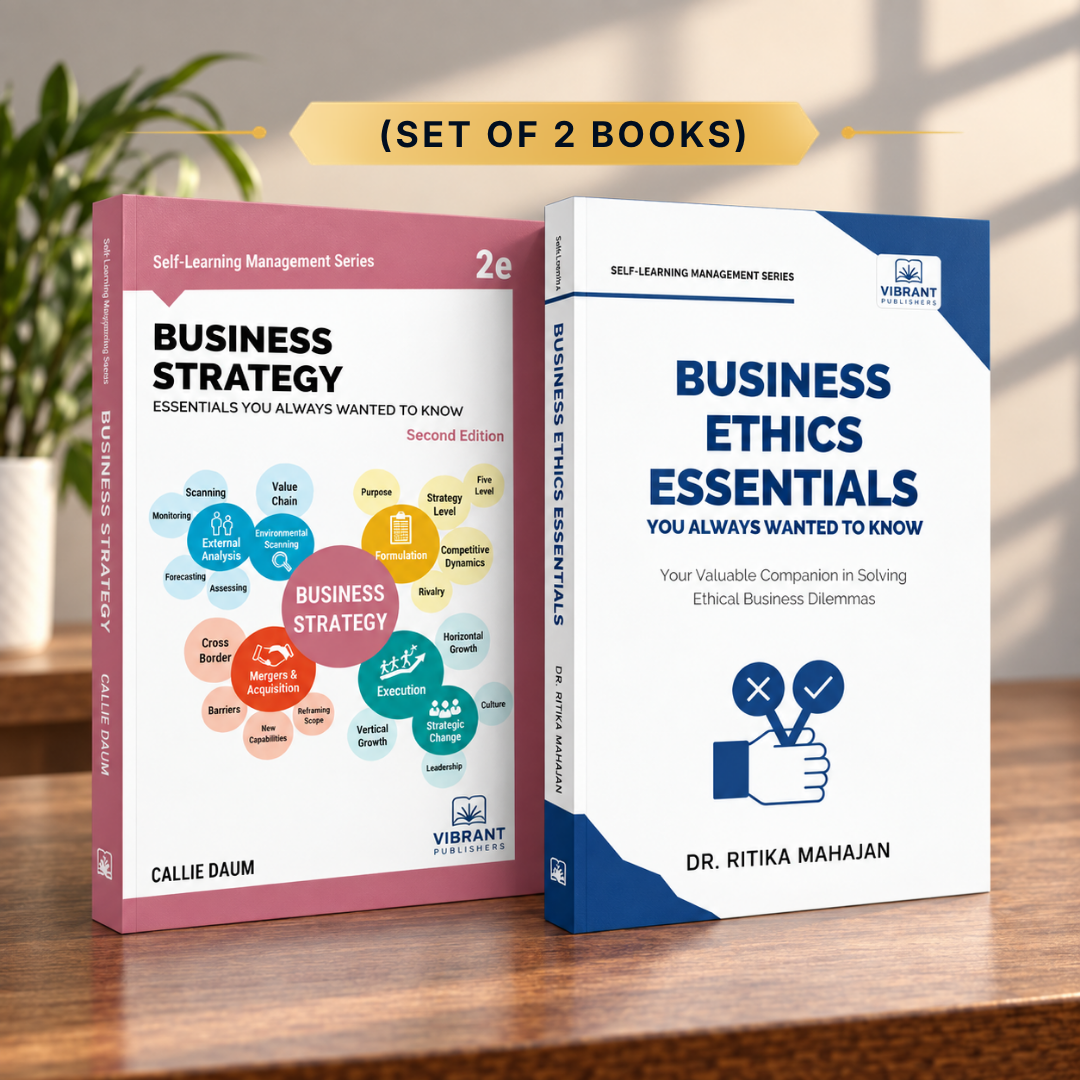 Two business books standing upright on a wooden surface: 'Business Strategy' by Callie Daim on the left with a pink cover, and 'Business Ethics Essentials' by Dr. Ritika Majahan on the right with a blue and white cover.