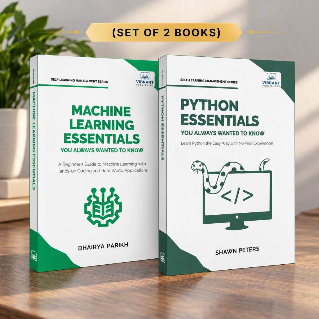 Two paperback books standing upright on a wooden surface: 'Machine Learning Essentials' by Dhairya Parikh and 'Python Essentials' by Shawn Peters, both from Verant's Self Learning Management Series. 